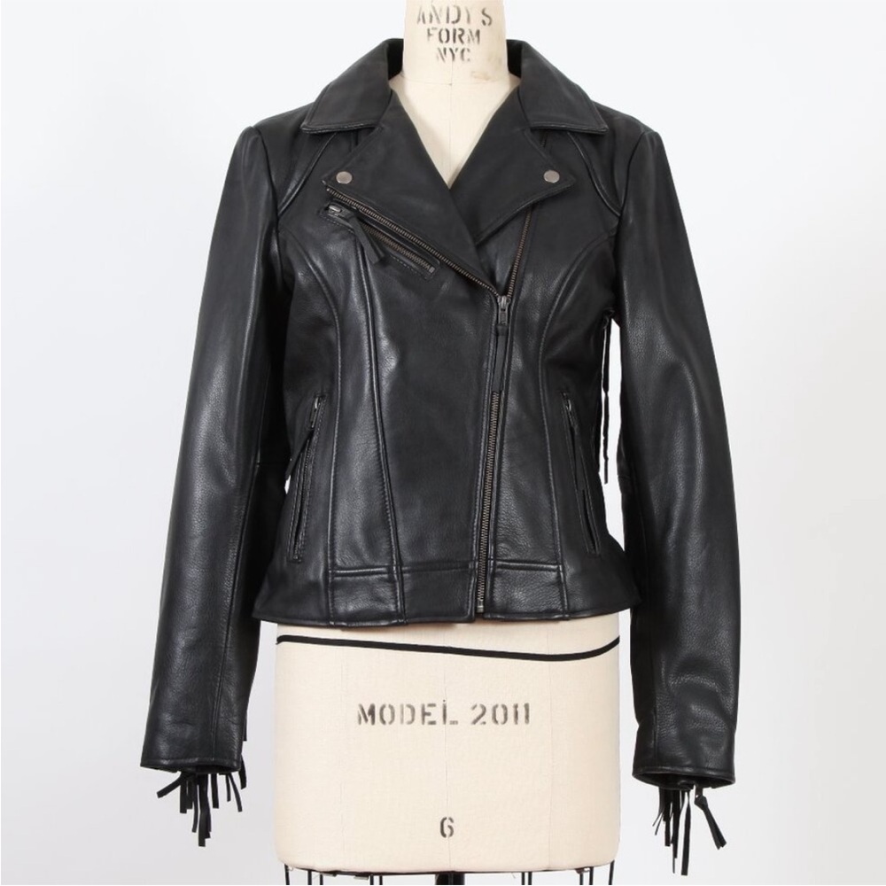 Fringe Black Leather Jacket | Size Medium